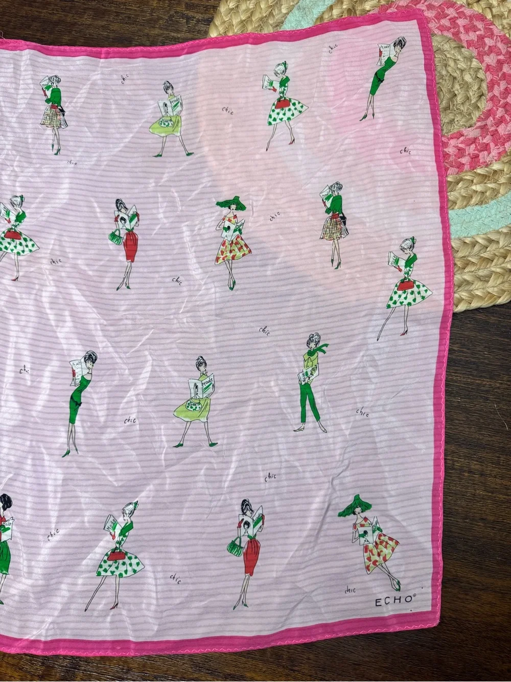 Echo Pink Scarf with Green and Red Fashion Figures